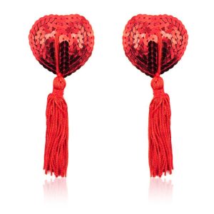 FETISH ADDICT SELF-ADHESIVE HEART SEQUIN NIPPLE COVER WITH TASSEL RED