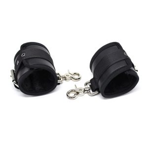 FETISH ADDICT LEATHER HANDCUFFS WITH BIG HOOPS BLACK