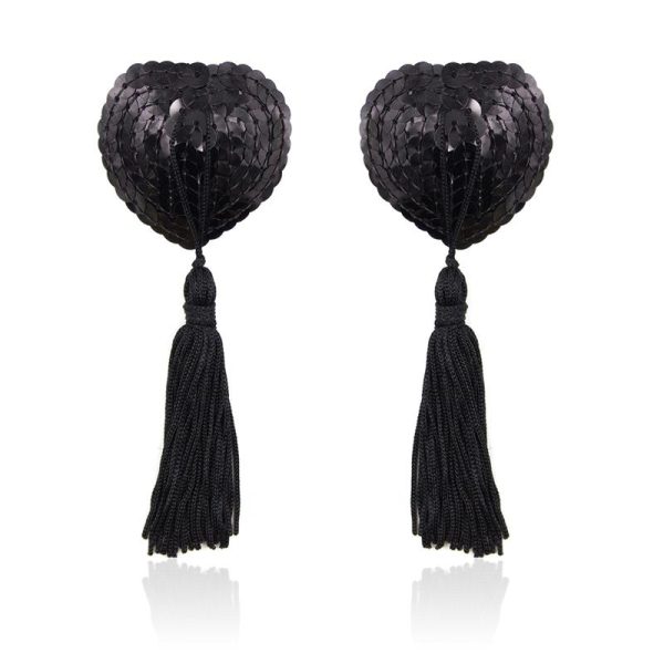 FETISH ADDICT SELF-ADHESIVE HEART SEQUIN NIPPLE COVER WITH TASSEL BLACK