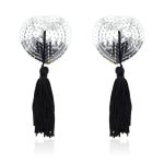 FETISH ADDICT SELF-ADHESIVE HEART SEQUIN NIPPLE COVER WITH TASSEL SILVER BLACK