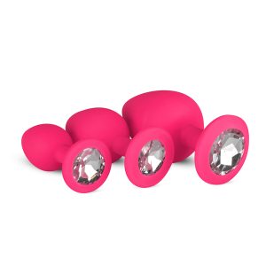 EASYTOYS 3 PIECES BUTT PLUG SET WITH CRYSTAL SILICONE PINK