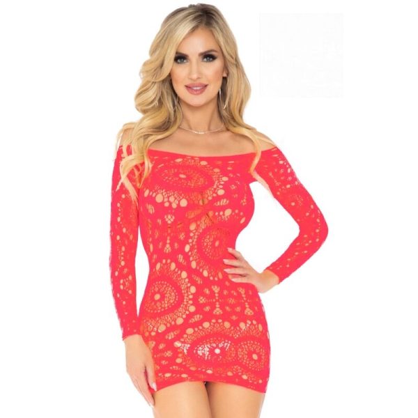 img_91921_cb6232e7531b396a31b8ac3e3a8685fc_1 LEG AVENUE CROCHET LACE LONG SLEEVE MINI DRESS CORAL ONE SIZE