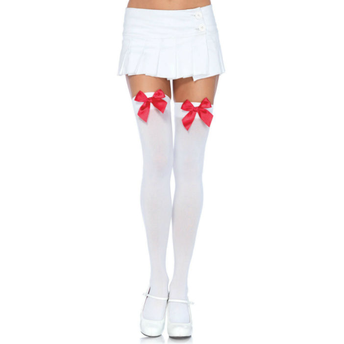 LEG AVENUE NYLON THIGH HIGHS WITH BOW WHITE & RED