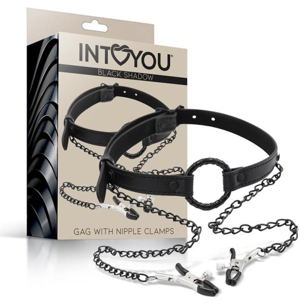 INTOYOU BLACK SHADOW VEGAN LEATHER O RING GAG AND NIPPLE CLAMPS