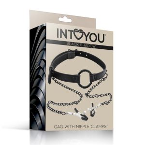 INTOYOU BLACK SHADOW VEGAN LEATHER O RING GAG AND NIPPLE CLAMPS - Image 3