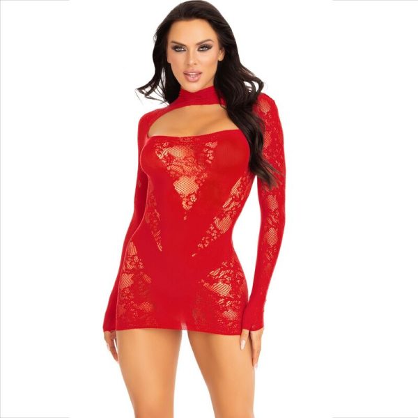LEG AVENUE MINI DRESS WITH LACE LONG SLEEVE RED