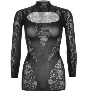 LEG AVENUE MINI DRESS WITH LACE LONG SLEEVE BLACK - Image 3